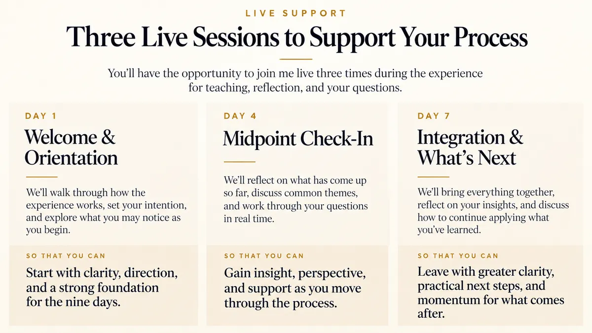 Architectural breakdown of the Three Live Sessions and real-time energetic facilitation sequence