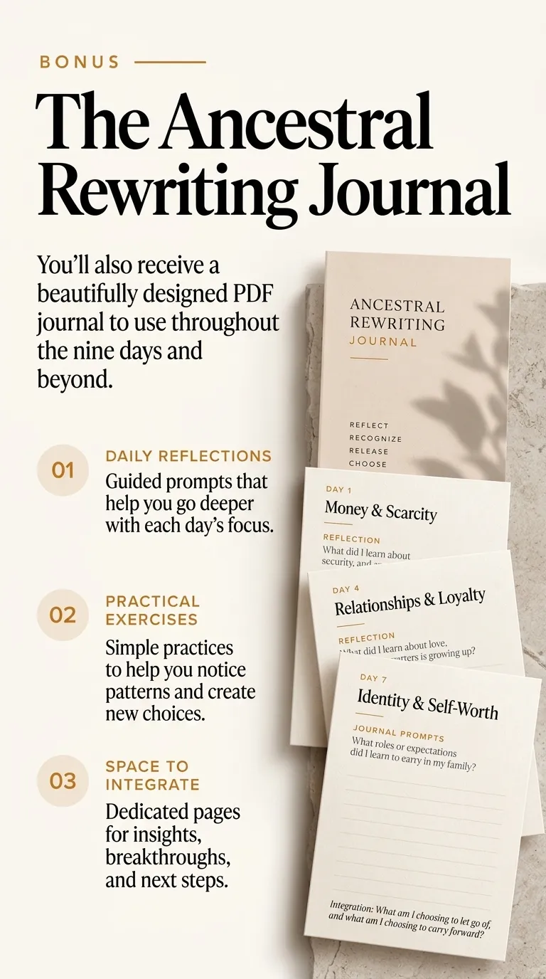 Ancestral Narrative cloth-bound archival bonus journal presented on natural stone surface with gold debossed lettering