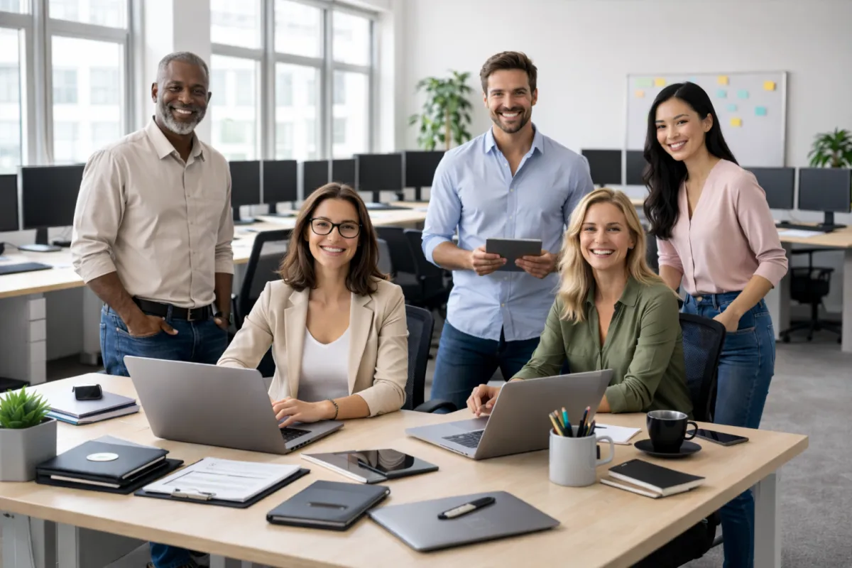 Cyber-secure professionals in a safe office environment