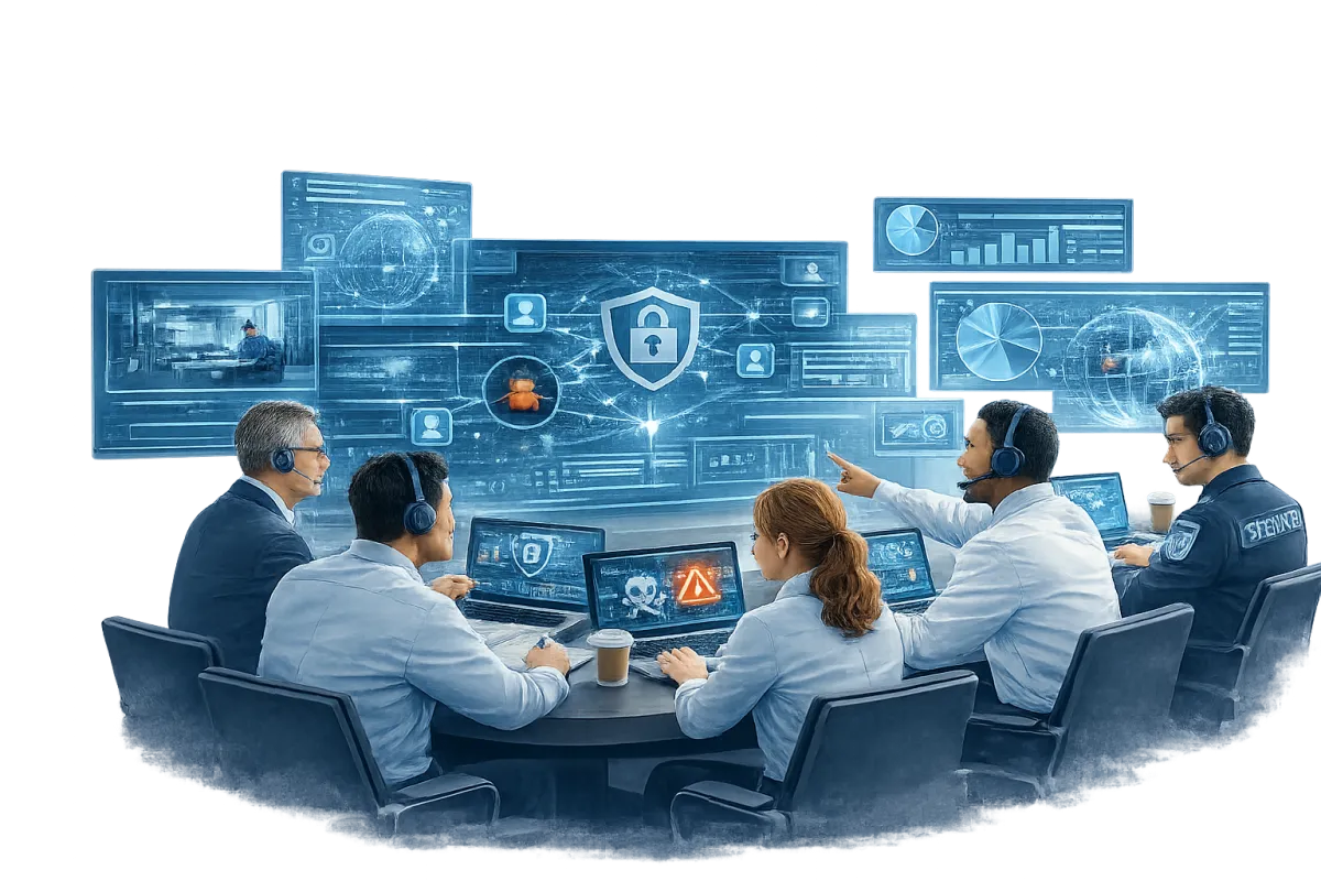 Cyber-secure professionals in a safe office environment