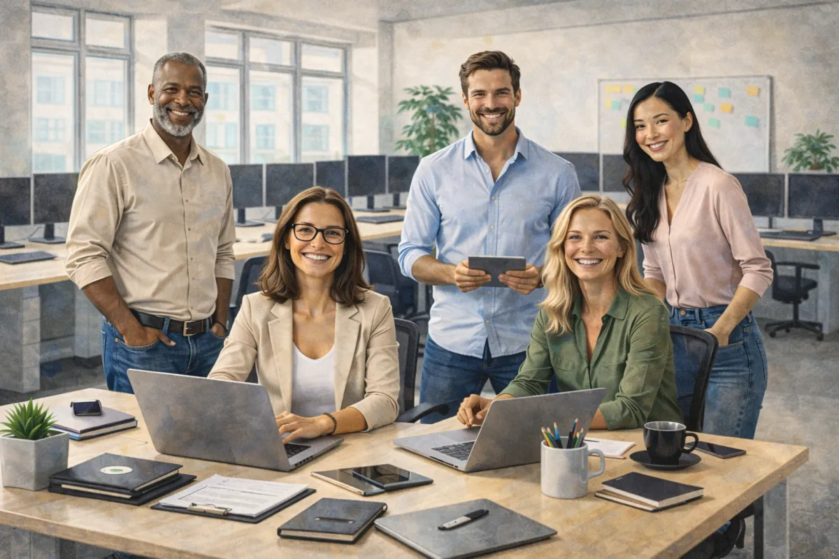 Cyber-secure professionals in a safe office environment