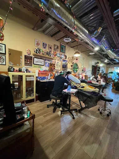 Colorful retro tattoo collage in groovy mid-century style
