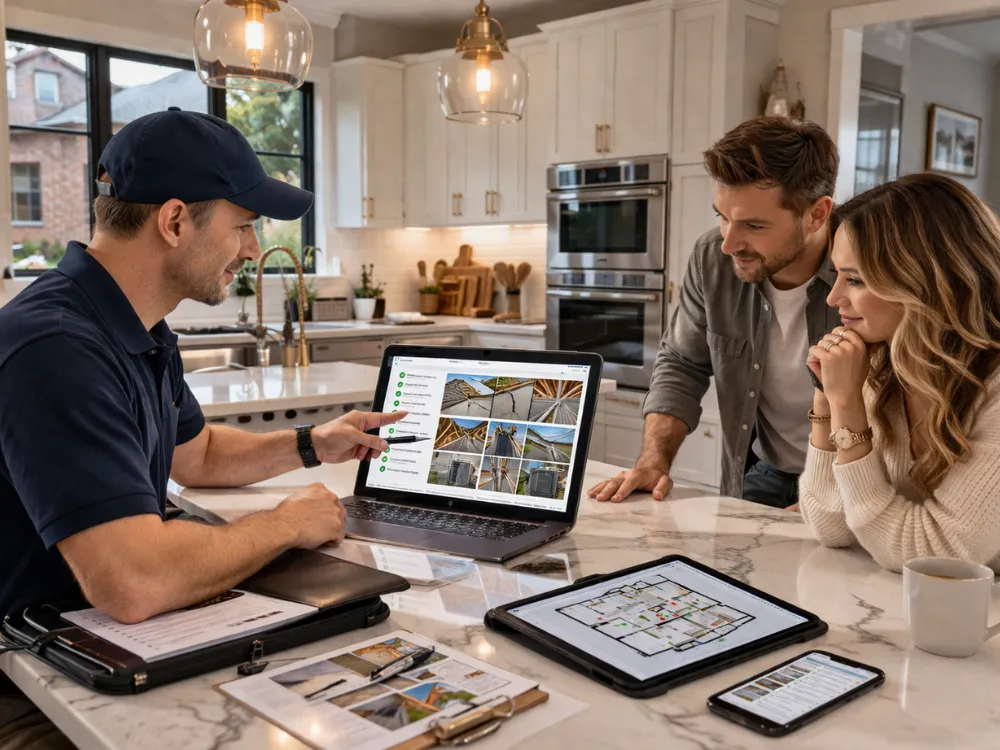 Home inspector explaining inspection findings to a couple in the kitchen, using a laptop and tablet with detailed property images.