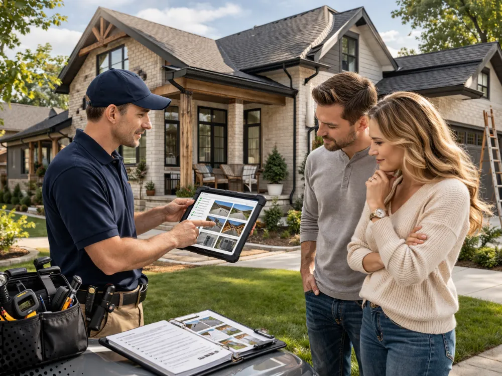 Home inspector explaining property inspection results to a couple outside a home, showing detailed photos on a tablet.