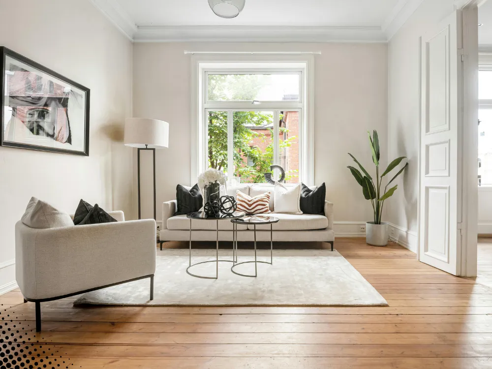 Bright, well-furnished living room with a large window letting in natural light, featuring a sofa, side table, and potted plant.