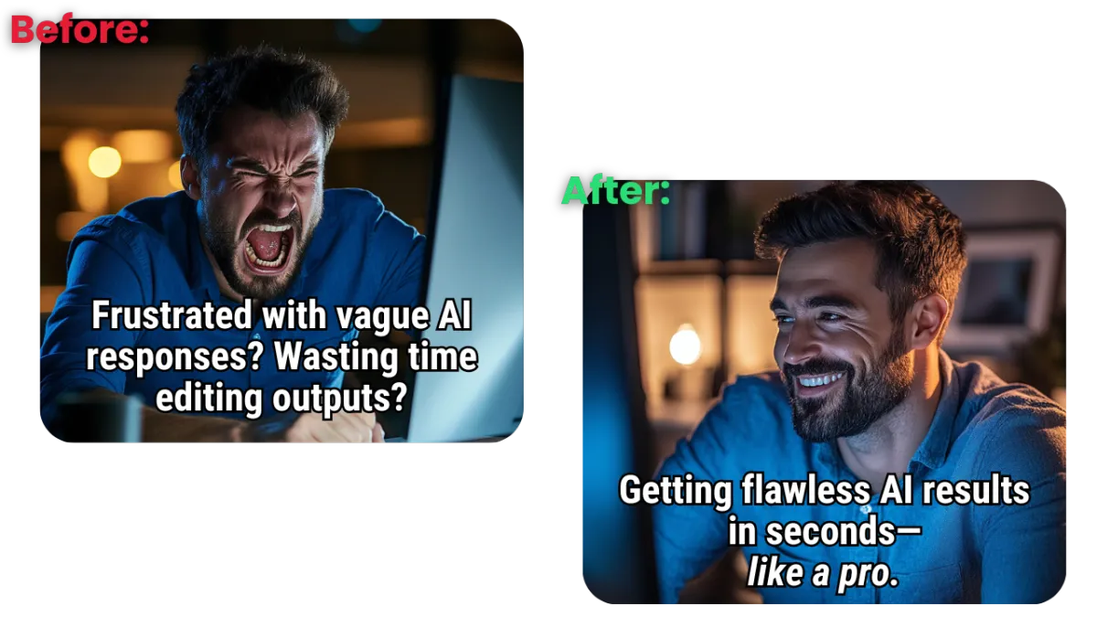  A dynamic, attention-grabbing video or sleek graphic showing a before/after scenario: Before: "Frustrated with vague AI responses? Wasting time editing outputs?"   After: "Getting flawless AI results in seconds—like a pro."