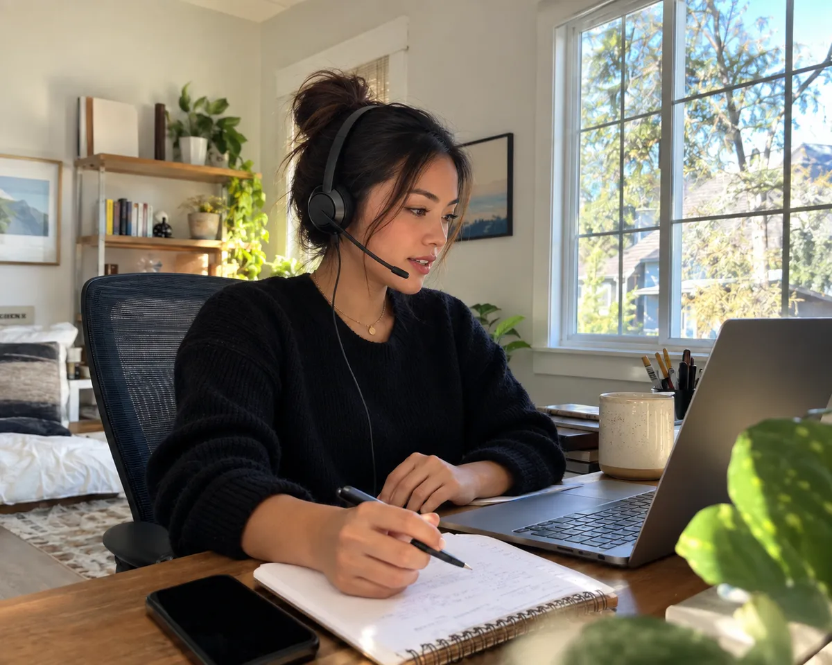 Appointment setter in the Philippines wearing a headset and taking notes during a call