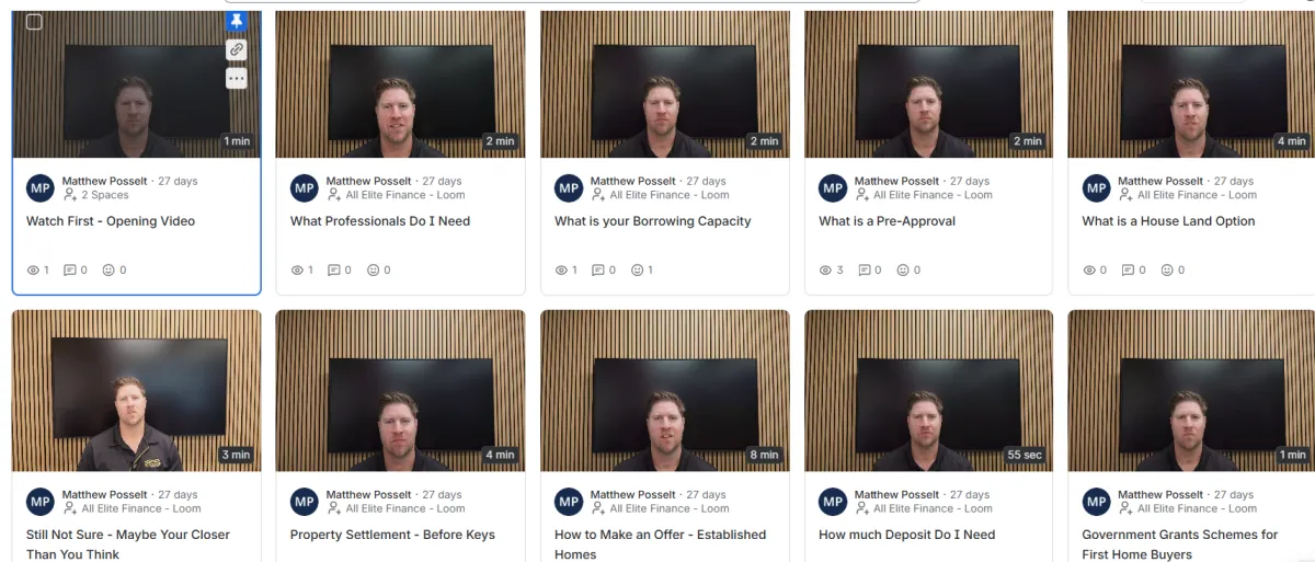 Interactive video lesson interface demonstrating step-by-step home buying modules