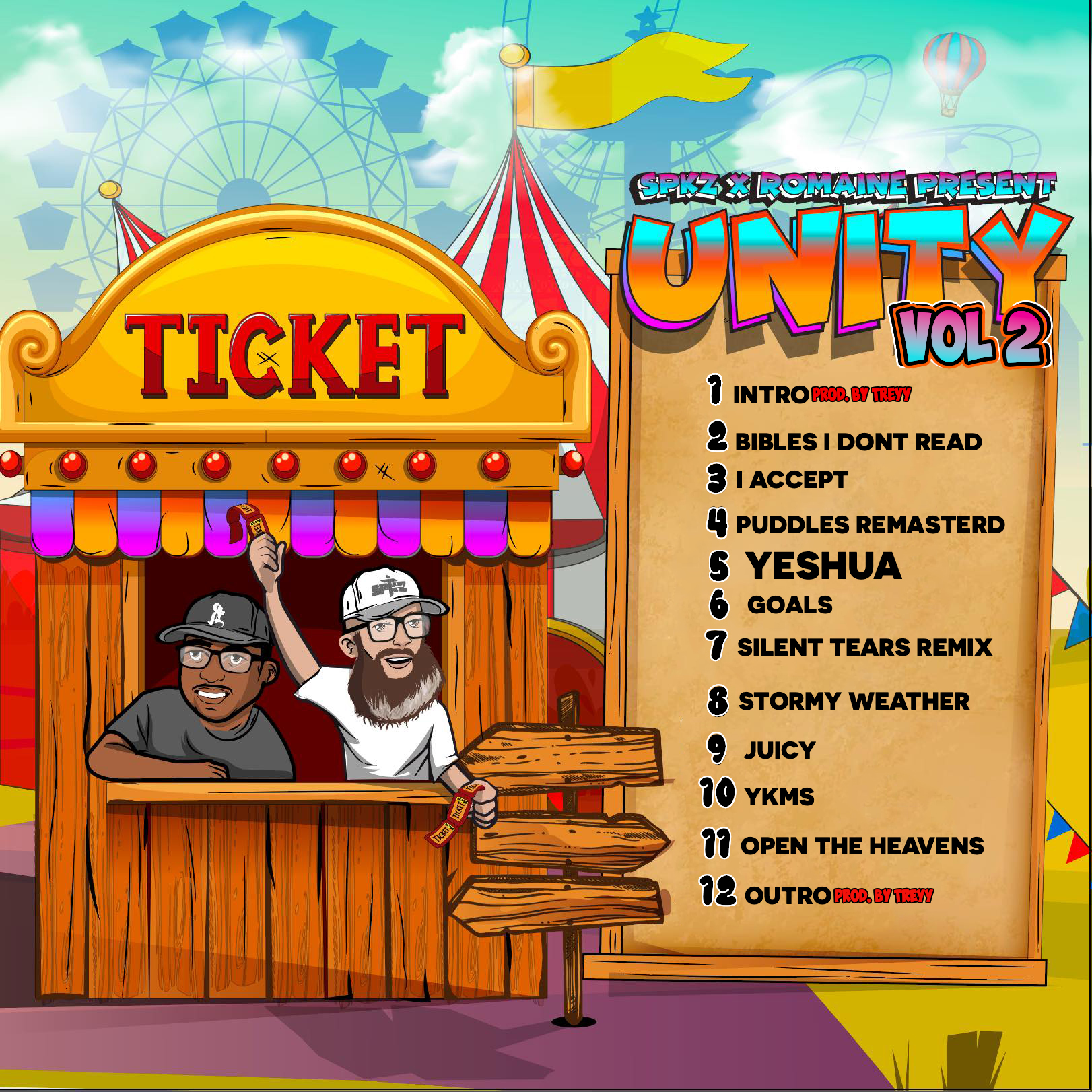 A close-up of a vinyl record spinning on a modern turntable, with colorful album art featuring a cross and musical notes in the background. The lighting is warm and inviting. 1:1 aspect ratio.