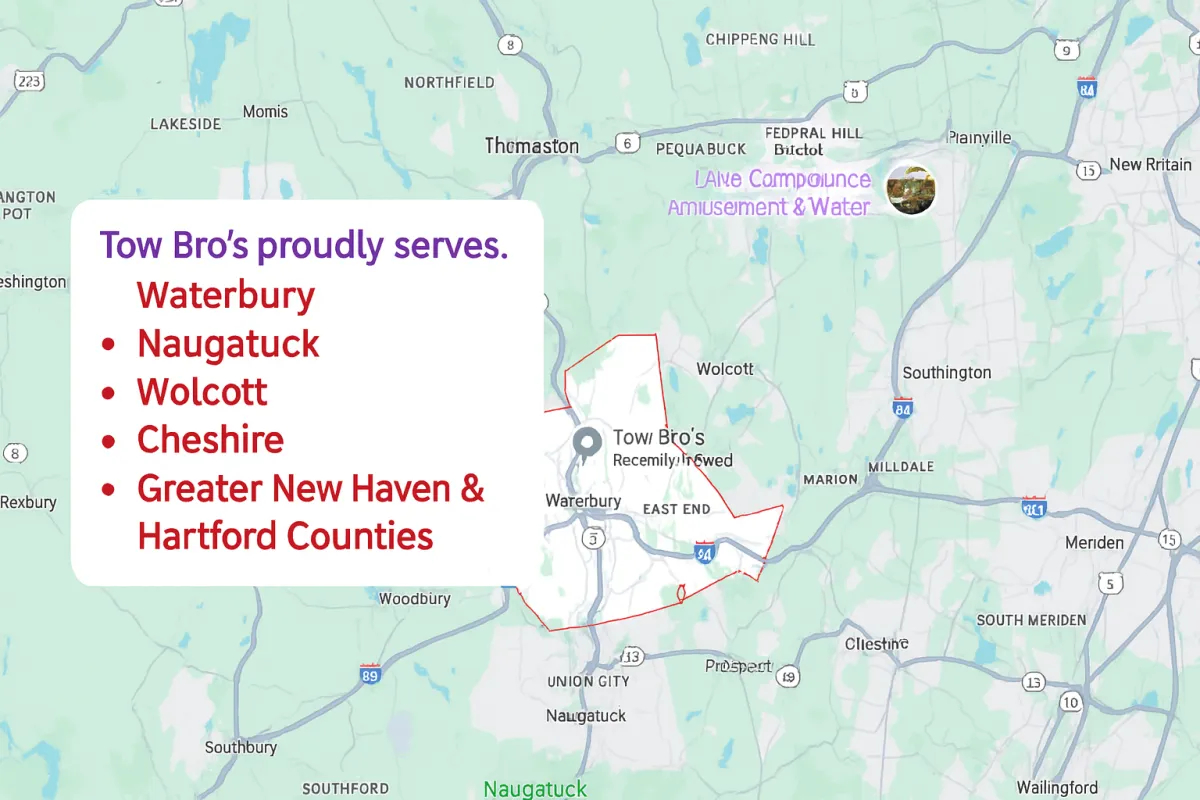 Map showing Tow Bro’s towing service areas in Connecticut, including Waterbury, Naugatuck, Wolcott, Cheshire, and surrounding Greater New Haven & Hartford counties.