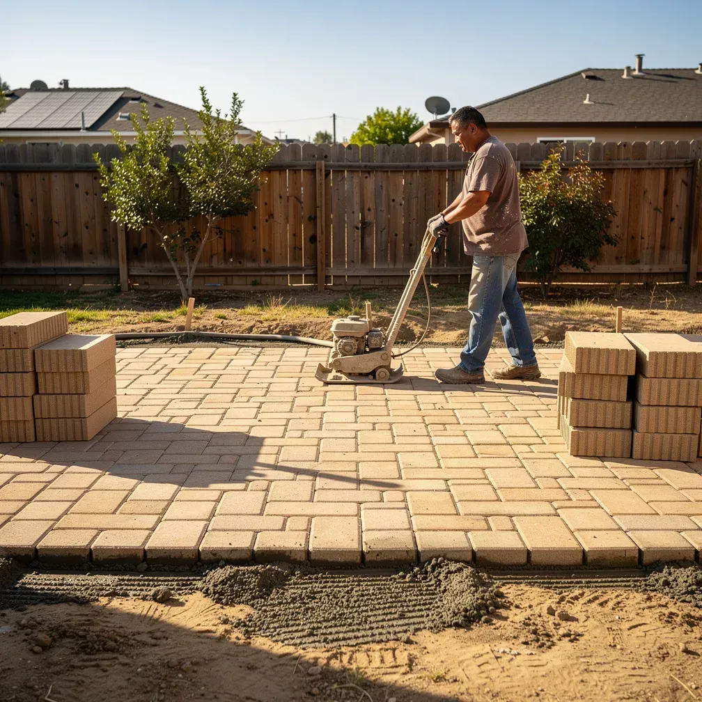 Paver contractor working in the background of a backyard patio installation in Rosemead, California