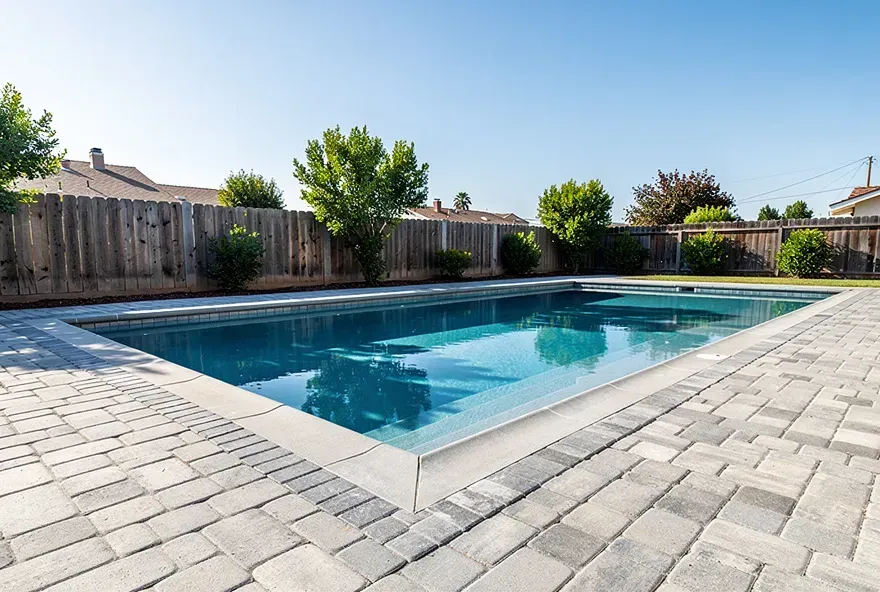 Paver pool deck surrounding a backyard swimming pool in Rosemead, California