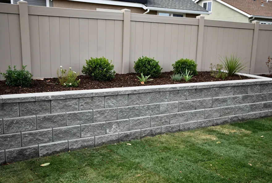 Finished paver retaining wall in a backyard garden in Rosemead, California
