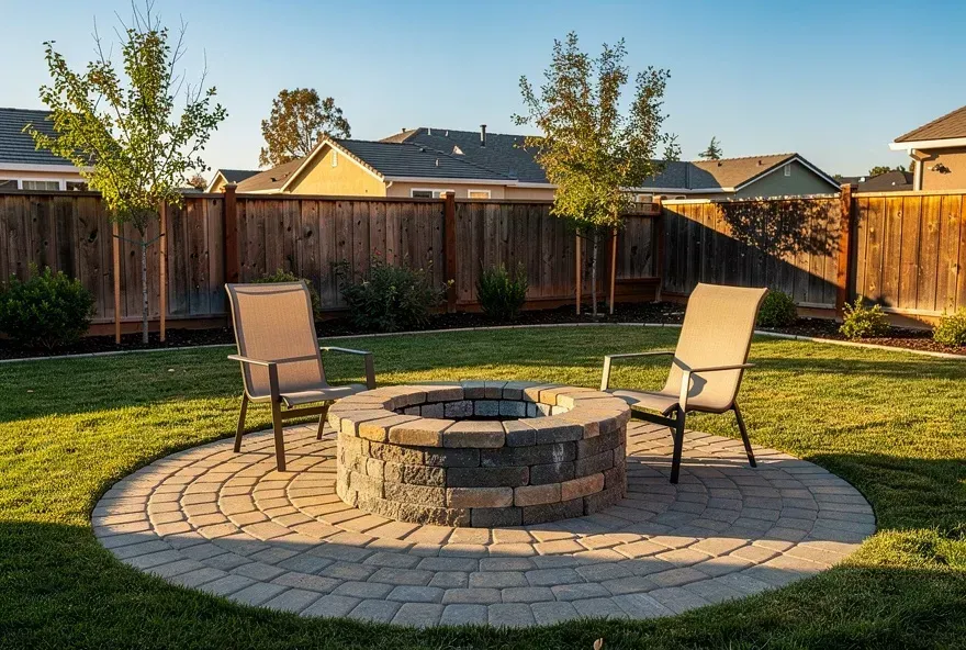 Custom paver fire pit installed in a backyard in Rosemead, California