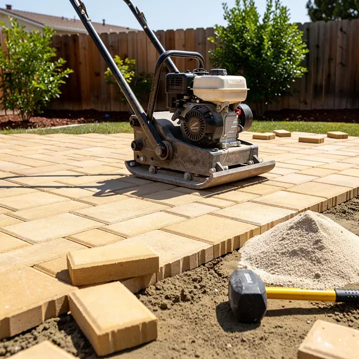 Close-up of paver installation tools and materials mid-project in Rosemead, California