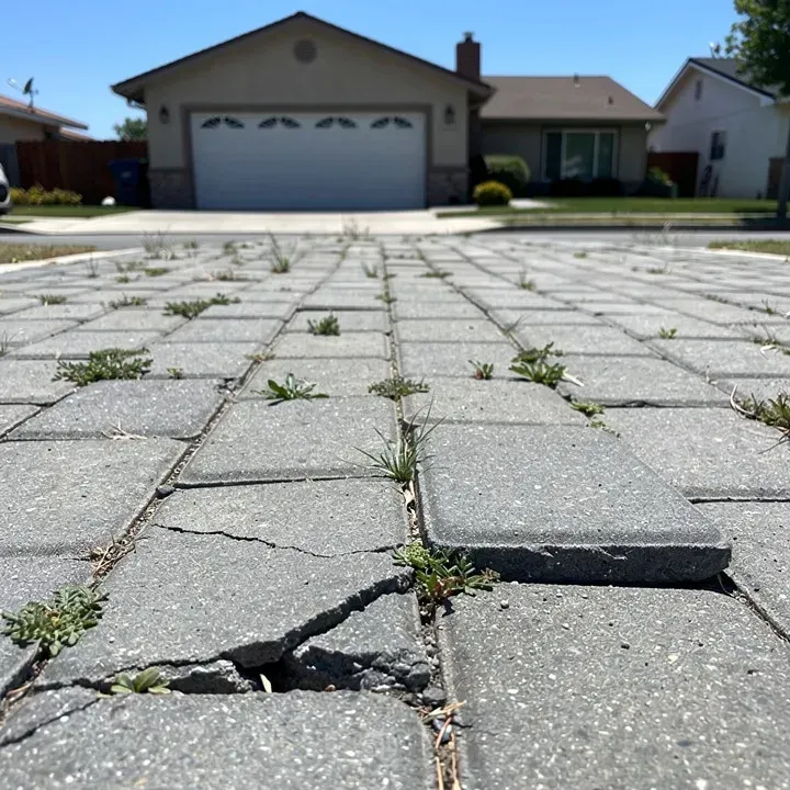 Cracked and sunken paver driveway with weeds growing between joints in Rosemead, California