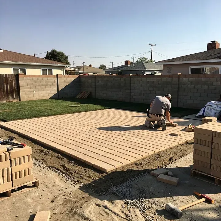 Paver patio installation in progress in a backyard in Rosemead, California