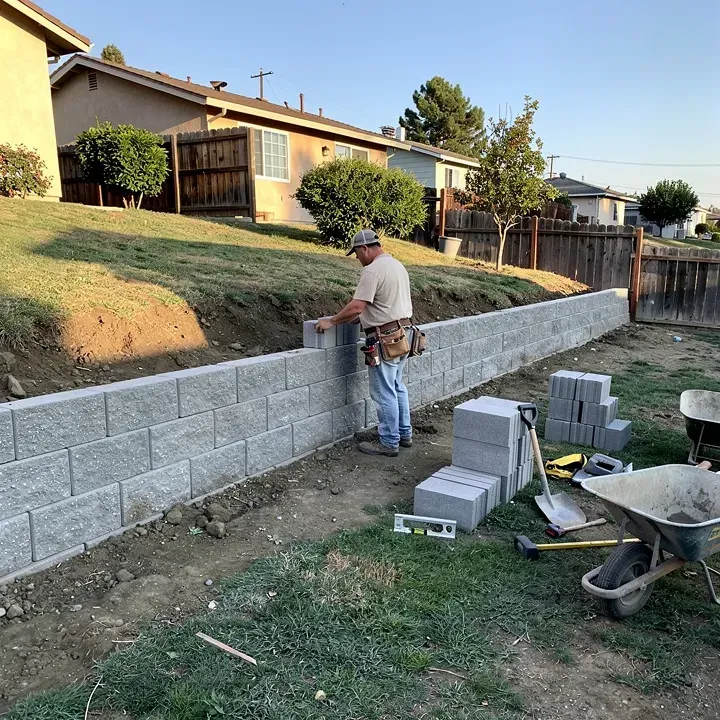Retaining wall installation in progress in a sloped backyard in Rosemead, California