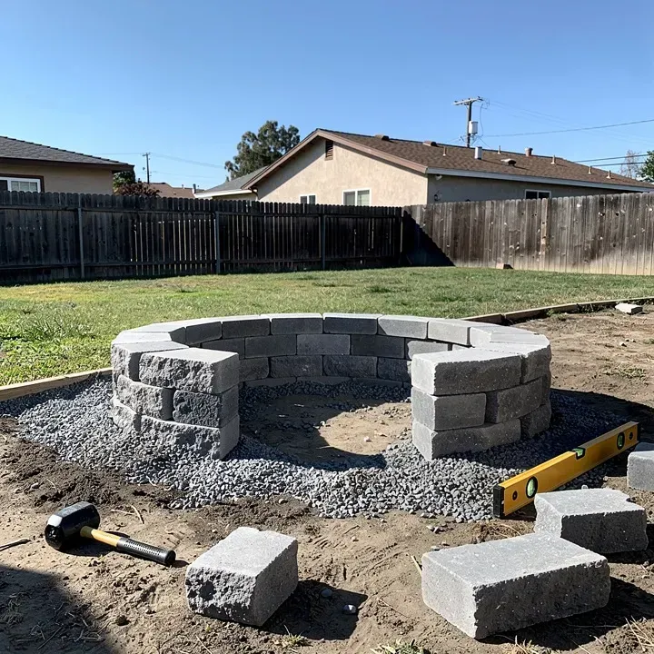 Fire pit under construction with stacked stone blocks in a backyard in Rosemead, California