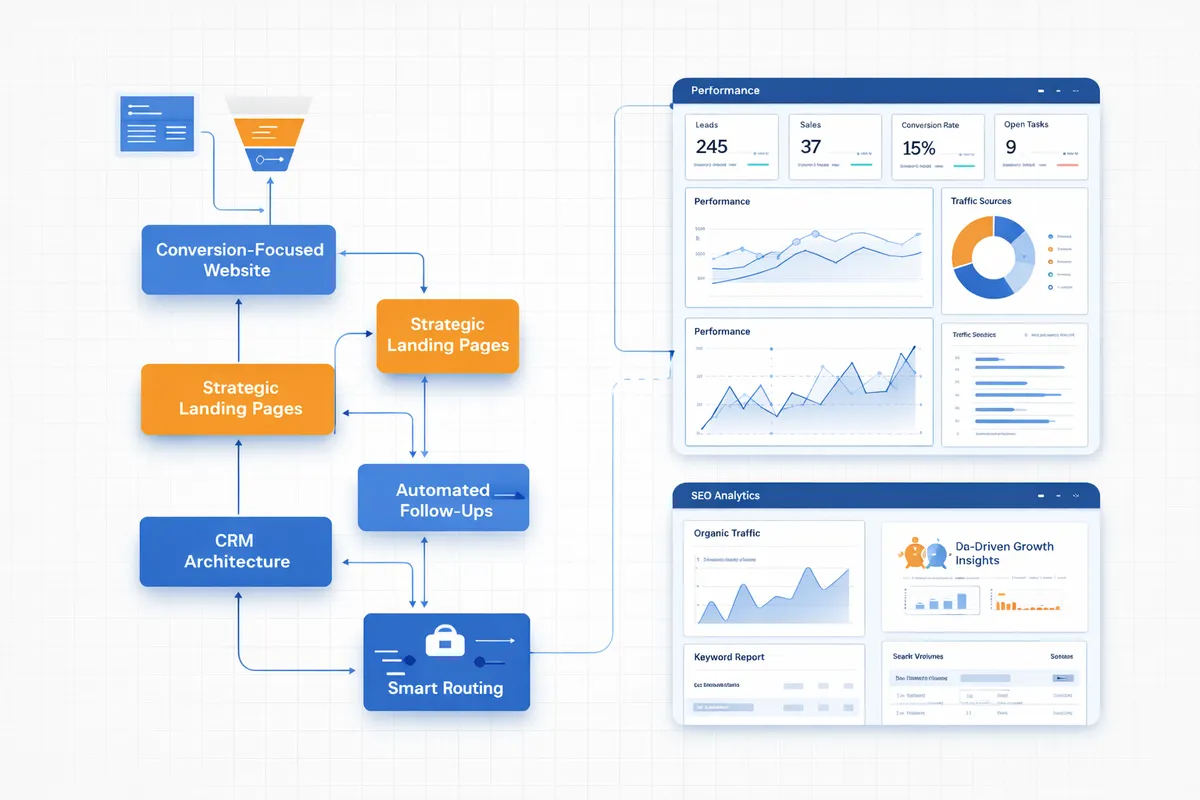 Visual diagram of marketing infrastructure including conversion-focused website, CRM architecture, automated follow-up systems, smart lead routing, and SEO performance analytics.