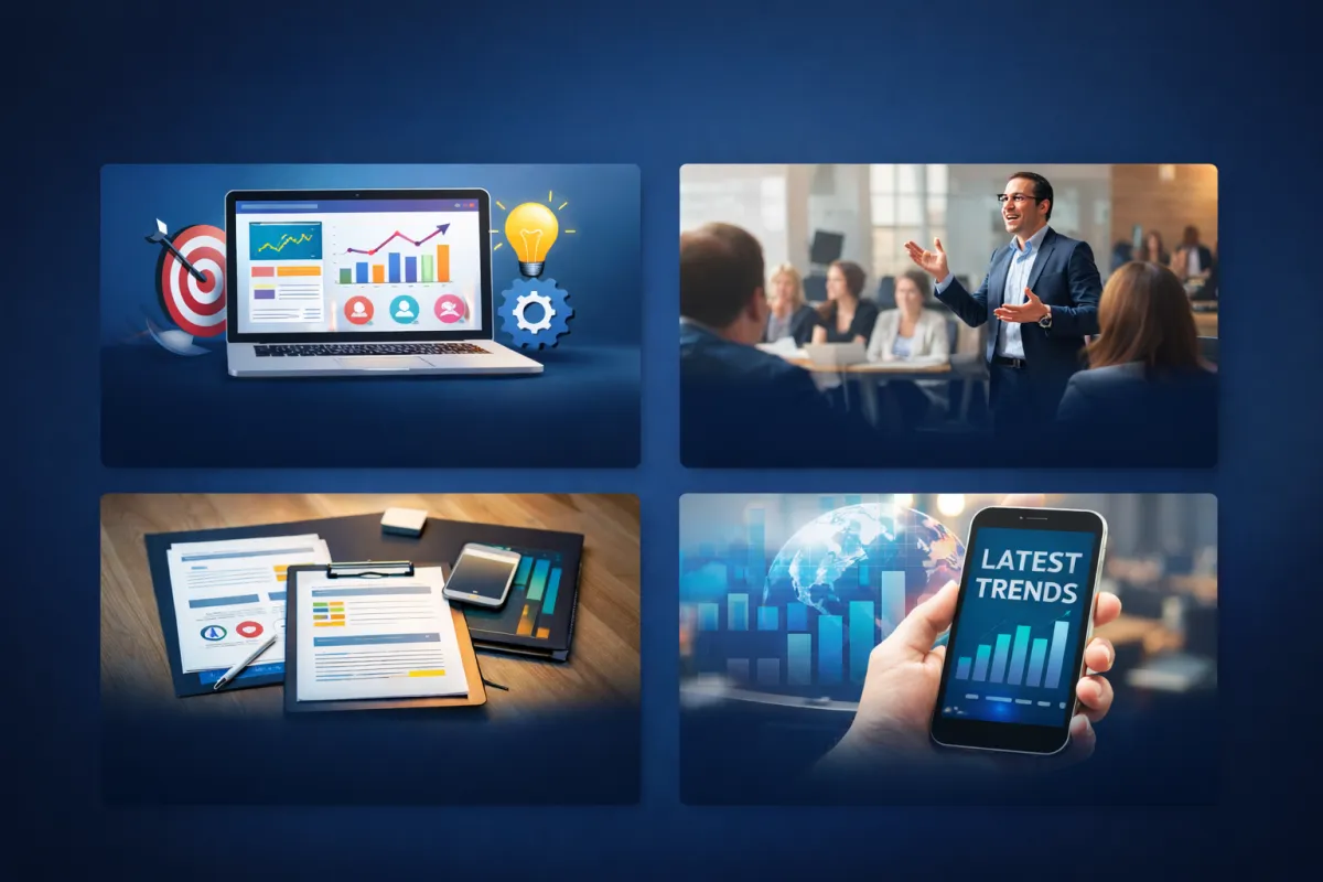 Flat, minimal illustration of a dashboard with charts, checklists, and a video call window, all in soft pastel colors. Clean, classic, 1:1 aspect.