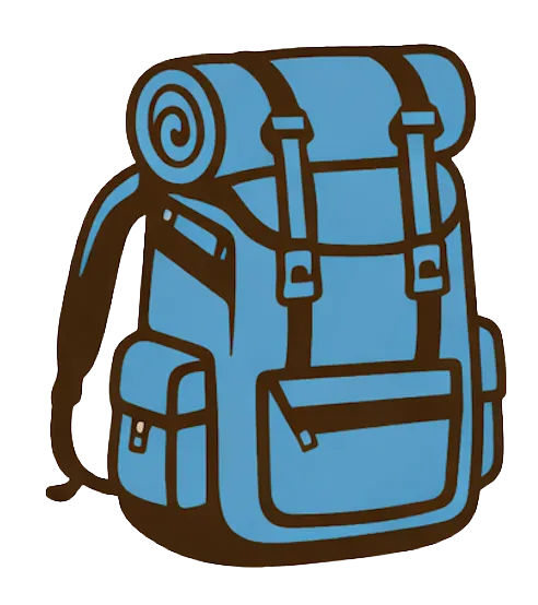 Drawing of a blue weekend backpack and bedrolll.