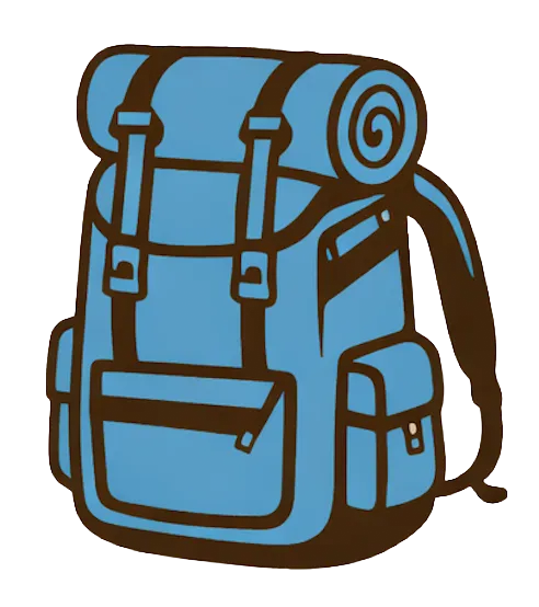 Image of a blue backpack with bedroll.