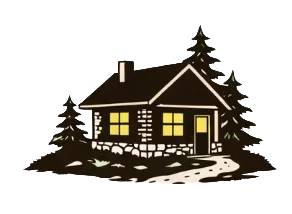 Simple drawing for rustic cabin with yellow emanating form the windows.
