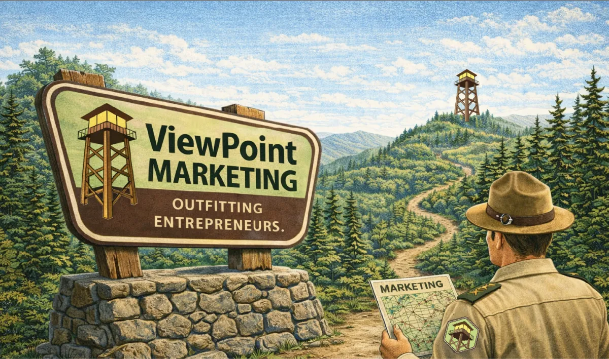 Image of ViewPoint Marketing Park Sign at base of trail , leading up to a fire watch tower on a mountain ridge.  A park ranger stands in front of the sign with a topographical map title marketing.