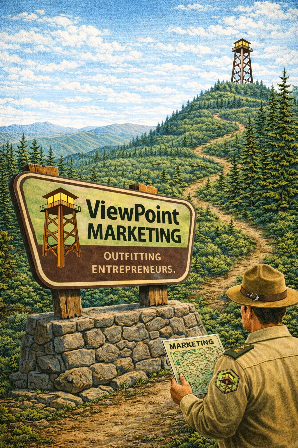 Image of ViewPoint Marketing Park Sign at base of trail , leading up to a fire watch tower on a mountain ridge.  A park ranger stands in front of the sign with a topographical map title marketing.