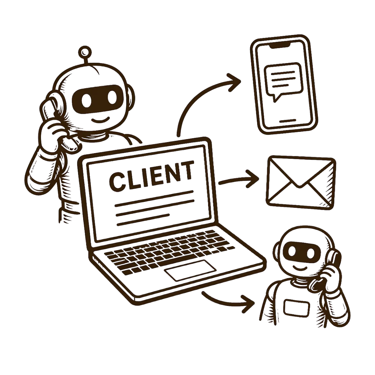 Line drawing showing a robot AI-assistant communicating with a client through multiple forms of communication.