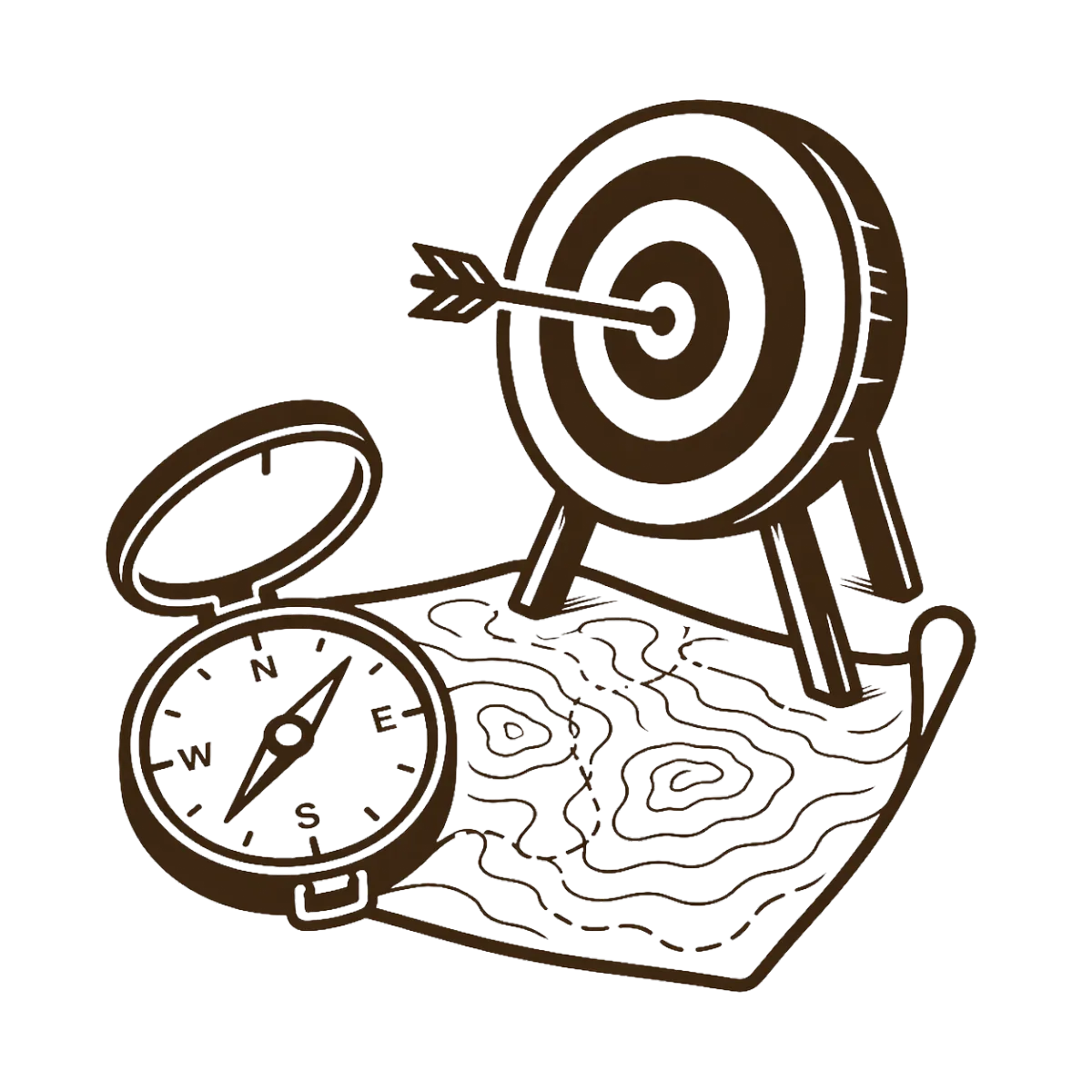 line drawing of a compass, map and archery target with a bullseye arrow in the centre.
