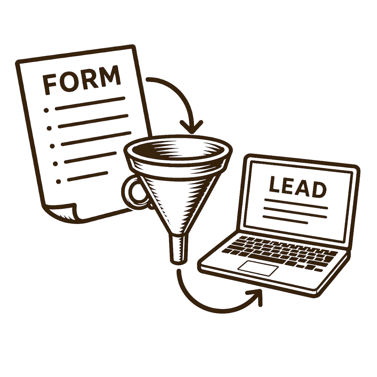drawing showing a lform entering the top of a funnel and an arrow out the bottom legs to a laptop with "Lead" on the screen