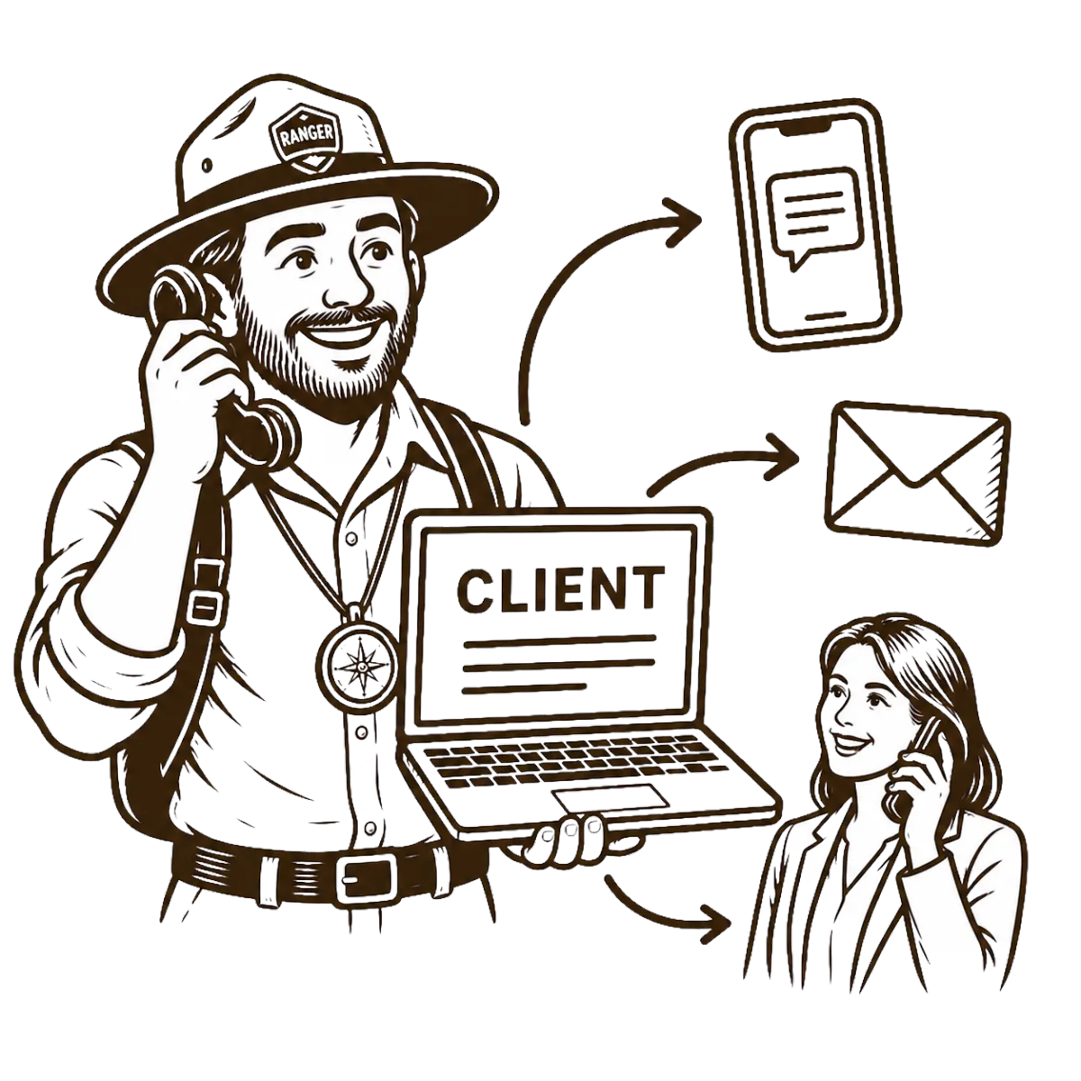 drawing of a marketing scout communicating with a client via multiple modes of communication.