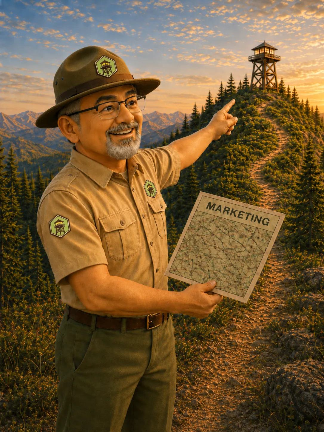 Image of ViewPoint Marketing ranger mascot, Scout, holding a map and pointing up a trail towards his watch tower.