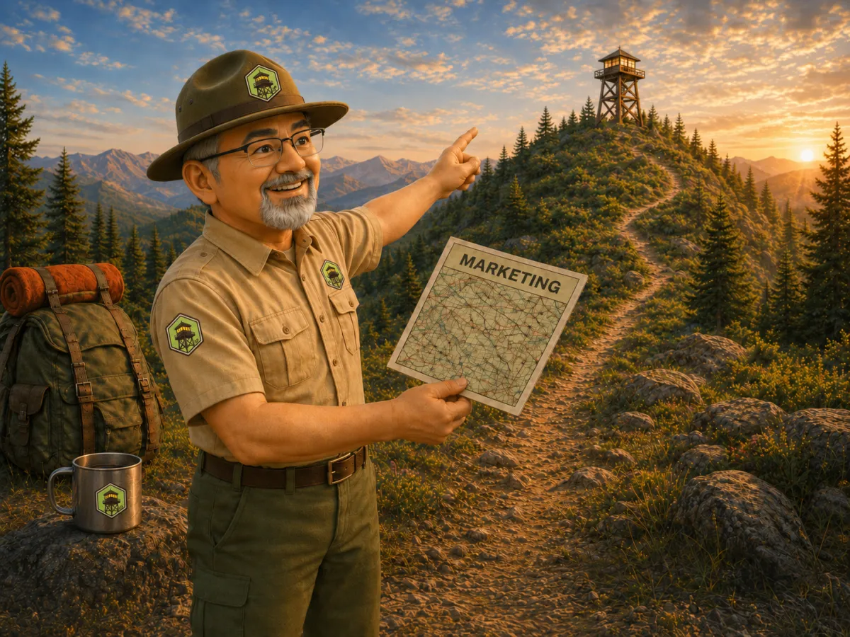 Image of ViewPoint Marketing ranger mascot, Scout, holding a map titled Marketing an point up a trail towards his hillside watch tower.