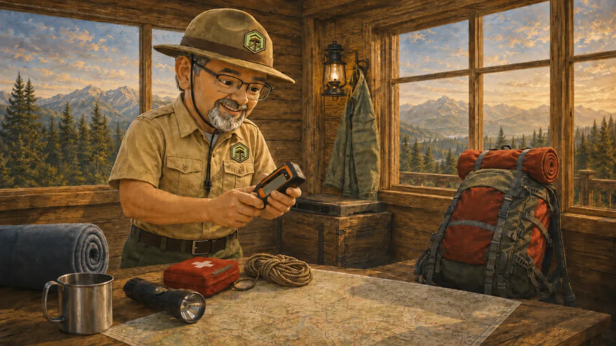 Image of ViewPoint Marketing ranger mascot, Scout, sorting through equipment to pack while inside his watch tower.