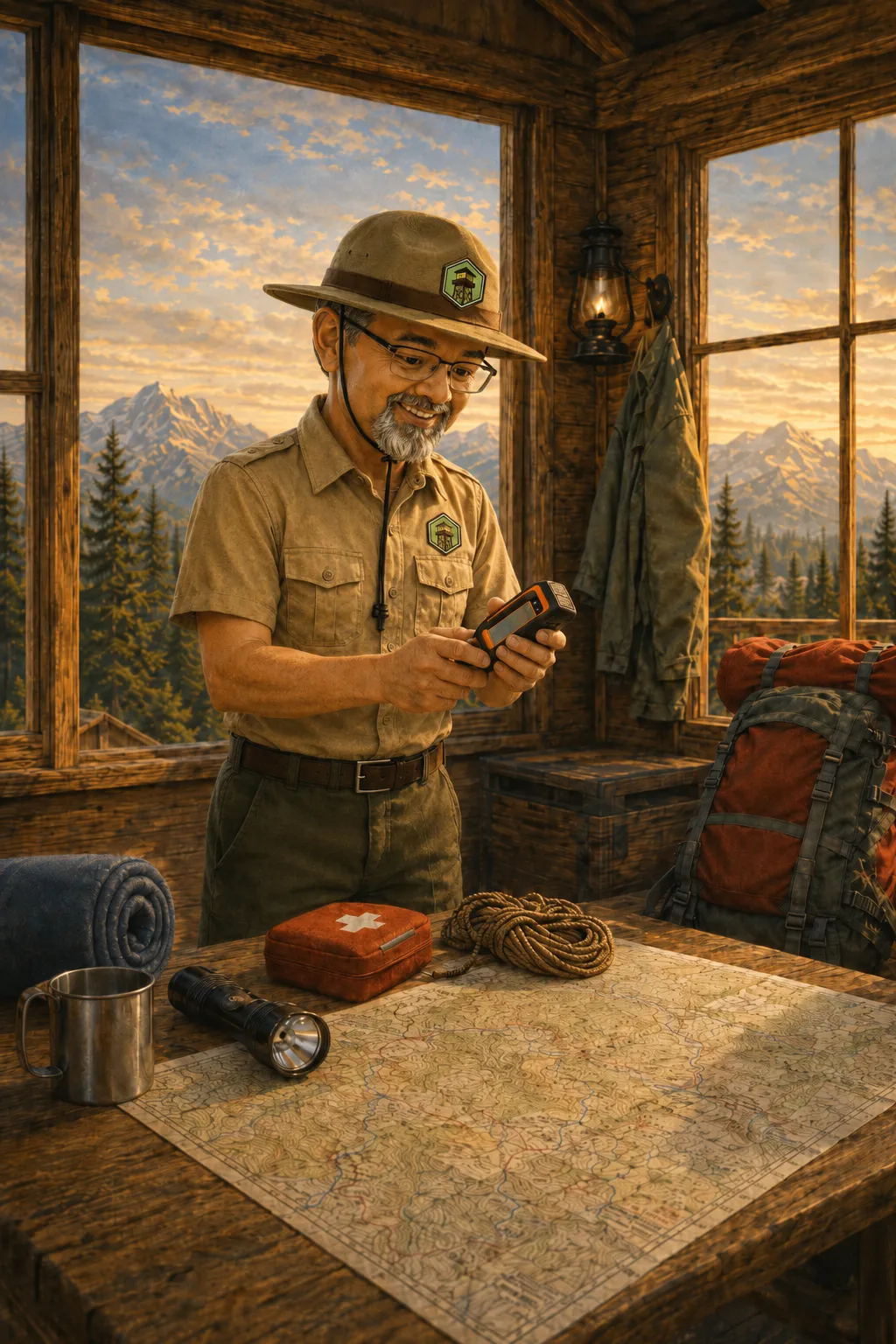 Image of ViewPoint Marketing ranger mascot, Scout, sorting through some equipment to pack while inside his watch tower.