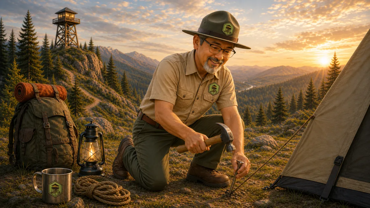 Image of ViewPoint Marketing ranger mascot, Scout, pounding in a tent stake with a hammer.