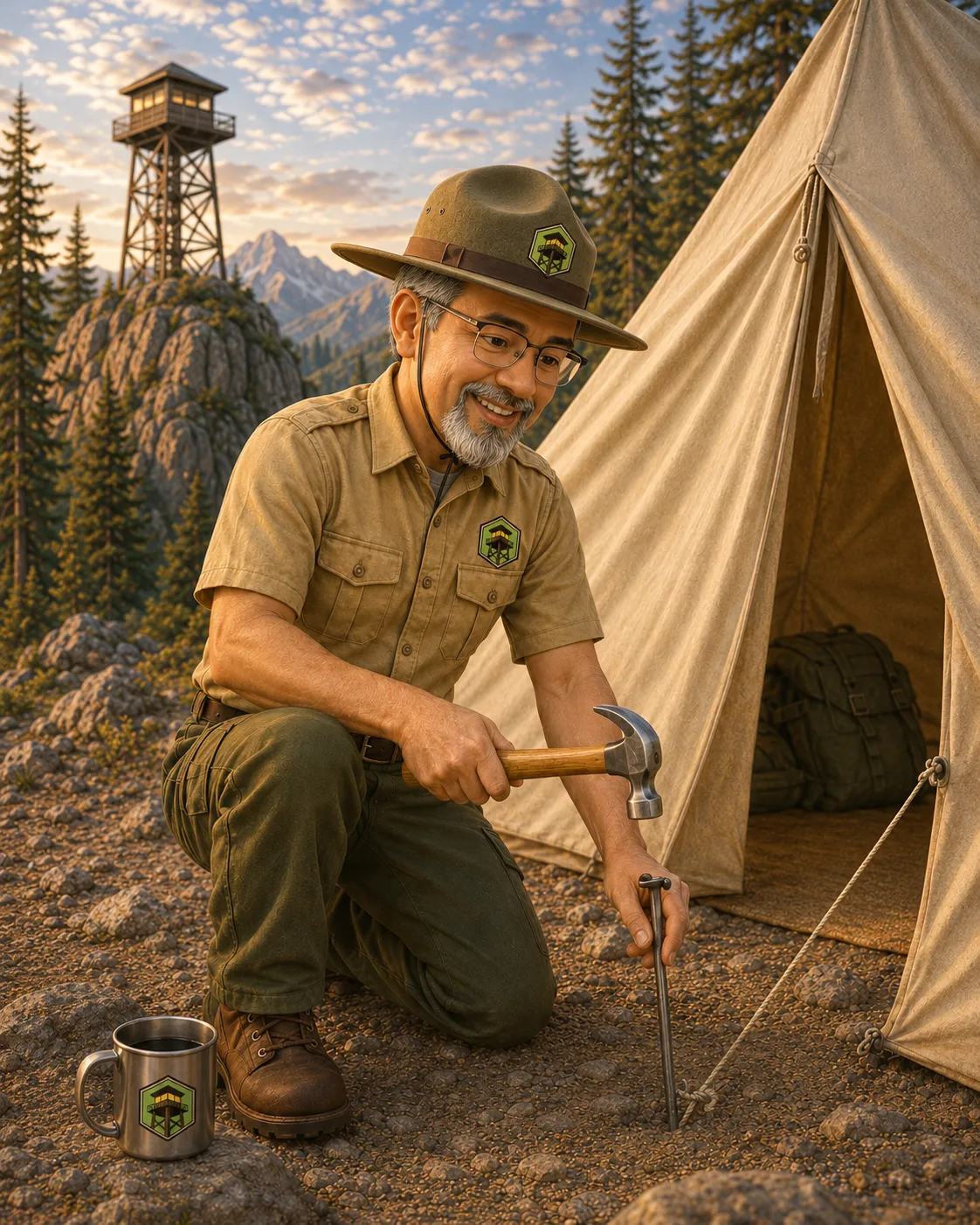 Image of ViewPoint Marketing ranger mascot, Scout, pounding in a tent star with a hammer.