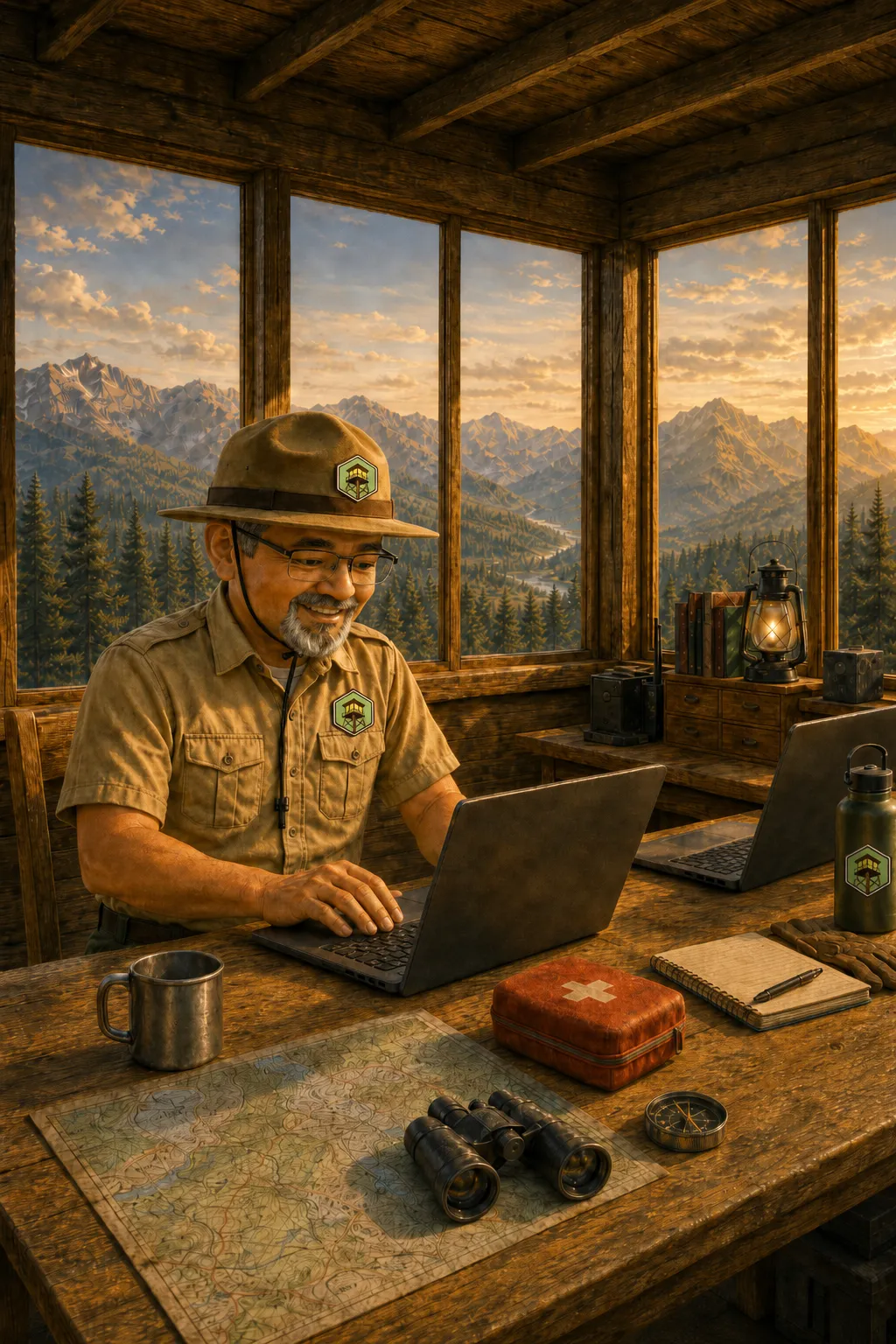 Image of ViewPoint Marketing ranger mascot, Scout, working on a laptop inside his watch tower.
