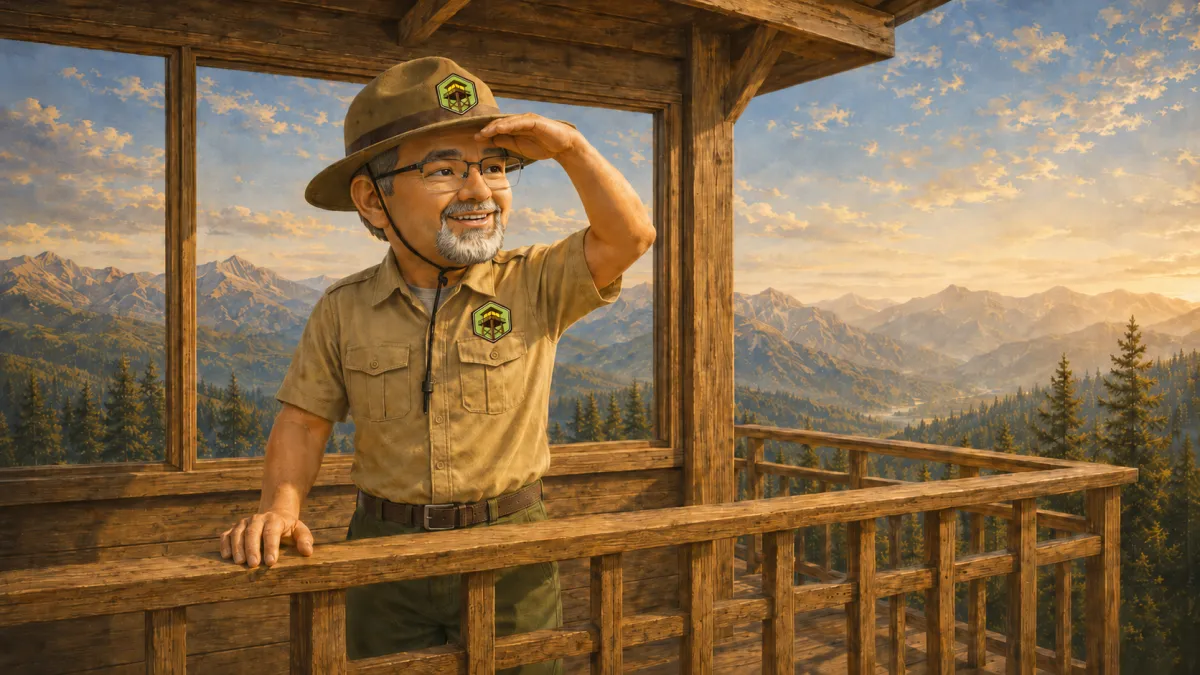 Image of ViewPoint Marketing ranger mascot, Scout, overlooking the valley below from the deck of his watch tower.