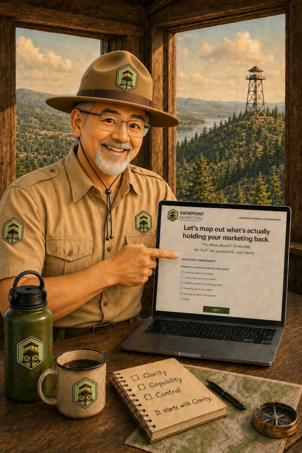 Image of ViewPoint Marketing ranger mascot, Scout, working on a laptop inside his watch tower.
