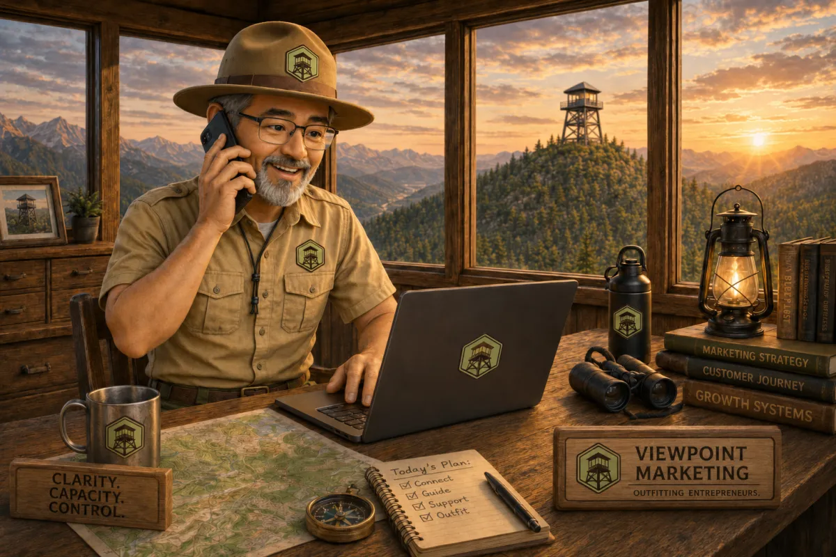 Image of ViewPoint Marketing ranger mascot, Scout, working on a laptop inside his watch tower and on his phone.