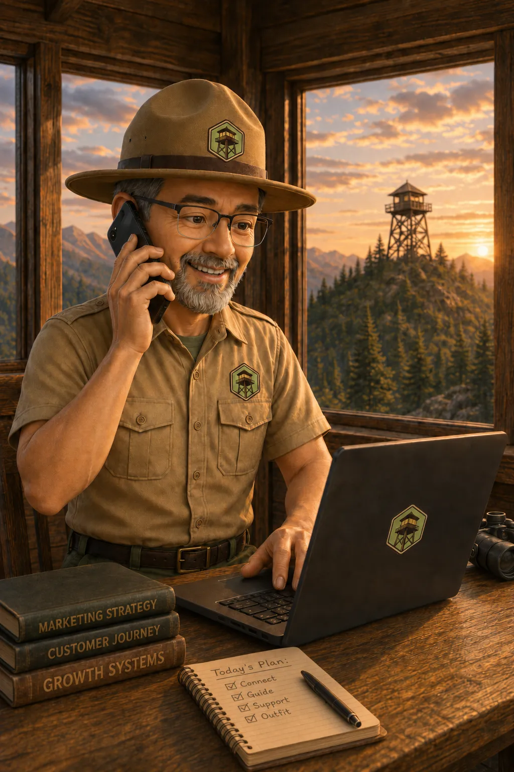 Image of ViewPoint Marketing ranger mascot, Scout, working on a laptop inside his watch tower and on his mobile phone.