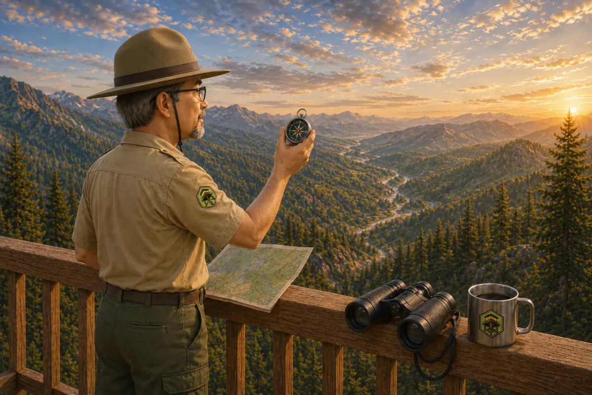 Image of ViewPoint Marketing ranger mascot, Scout, overlooking a valley from his watch tower with a map and compass.