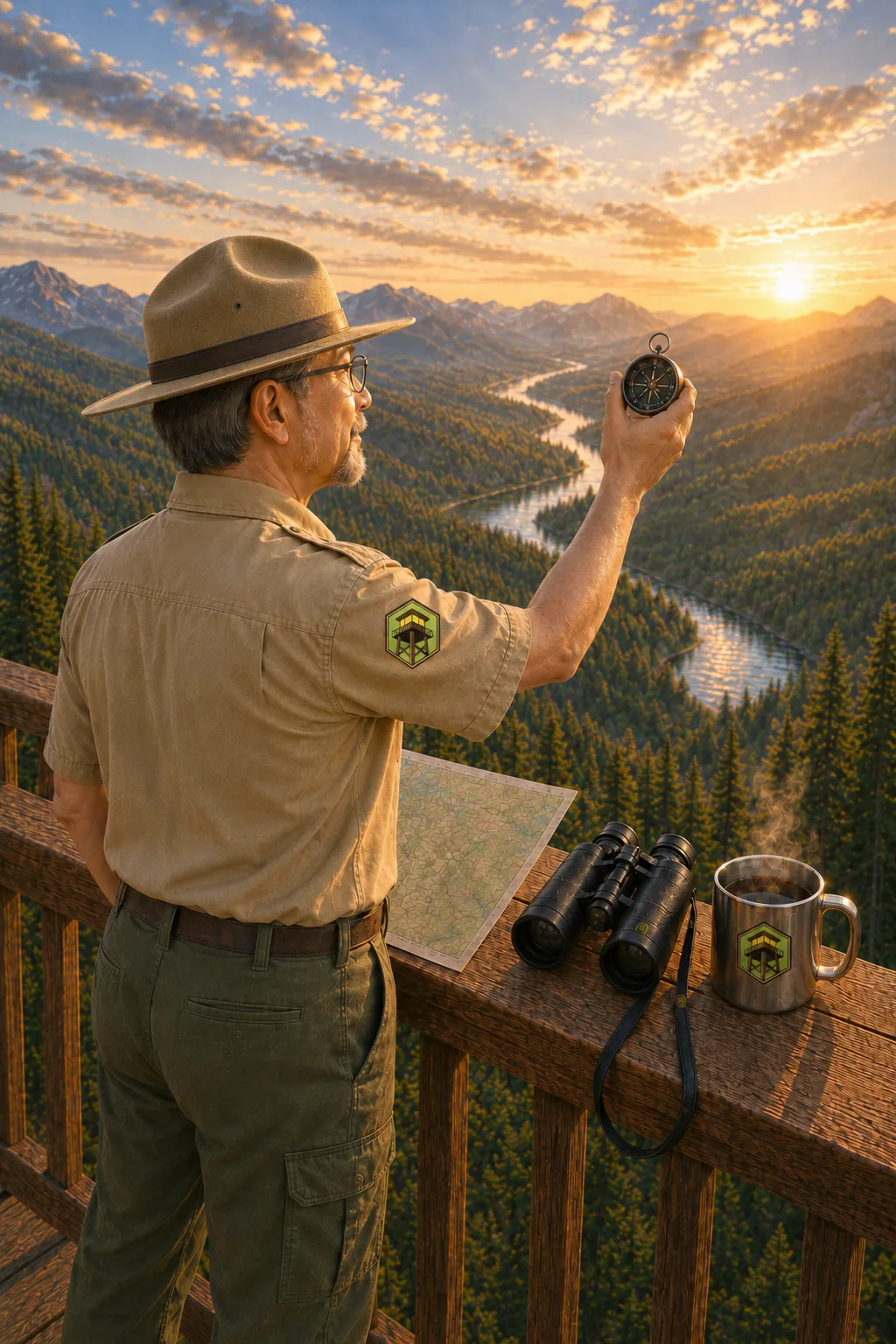 Image of ViewPoint Marketing ranger mascot, Scout, overlooking a valley from the deck on hs watch tower.  He's holding up a compass and map.