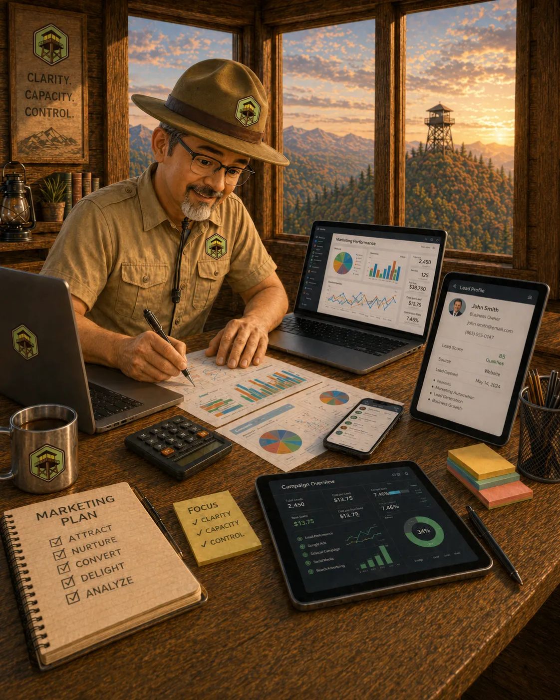 Image of ViewPoint Marketing ranger mascot, Scout, working on multiple laptops and devices while inside his watch tower.