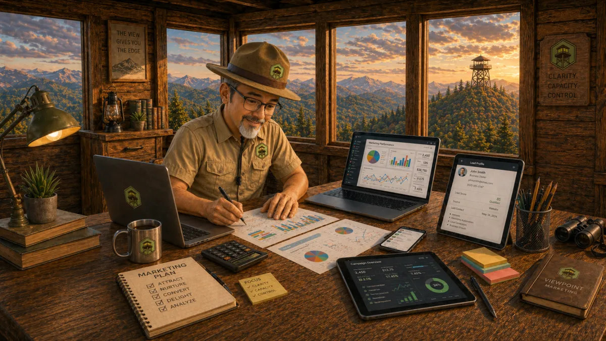 Image of ViewPoint Marketing ranger mascot, Scout, working on multiple laptops and devices while workoing on marketing inside his watch tower.