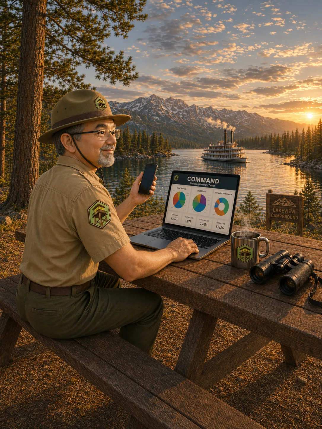 Image of ViewPoint Marketing ranger mascot, Scout, working on a laptop while at a picnic table overlooking a park beside the lake.